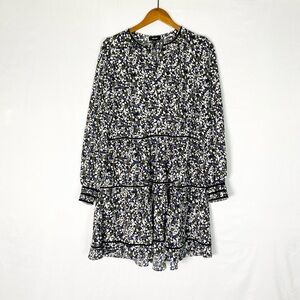 ME+EM Floral Print Long Sleeve Woven Mini Dress Round Neckline Pockets Size 4